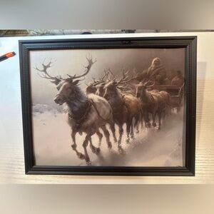 Reindeer Pulling Sled Snowy Forrest Framed 8x10”